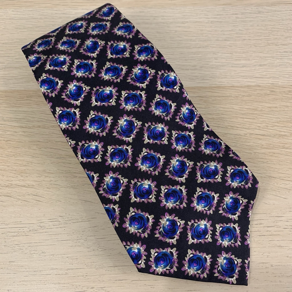 Countess Mara Black Blue Geometric Silk Wide Necktie 56" Medallion Luxury Formal